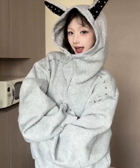 모방 후아 면 원단 재킷 후드 티 스웨터 여성 폭발 루즈핏 다용도 연령 감소 지퍼 트렌디