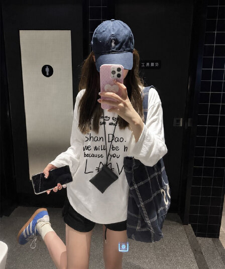 높은 품질 순면 200그램 21 빗질하다 정밀 프린트 가을 루즈핏 긴팔 티셔츠 여성