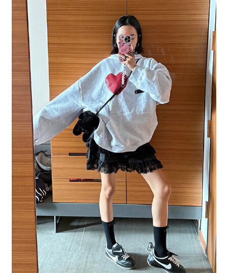 후아 면 복합 없음 모자 로프 있음 주머니 후드 티 스웨터 여성 프린트 얇은 스타일 털이 있는