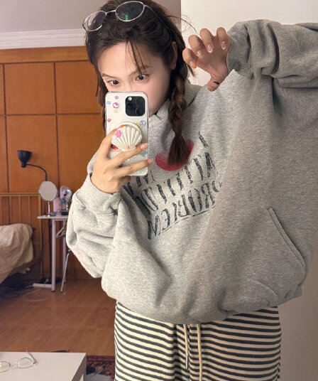 후아 면 복합 없음 모자 로프 있음 주머니 후드 티 스웨터 여성 프린트 얇은 스타일 털이 있는
