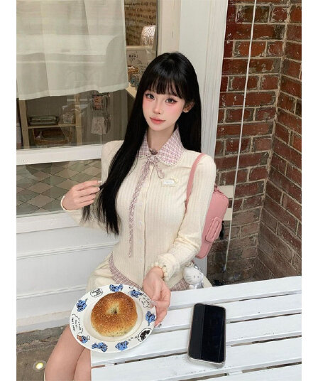 경관 그림 양모 구덩이 기사 250그램 4 3 레트로 체크무늬 도트 무늬 페이크 레이어드 달콤함 반 스커트 세트
