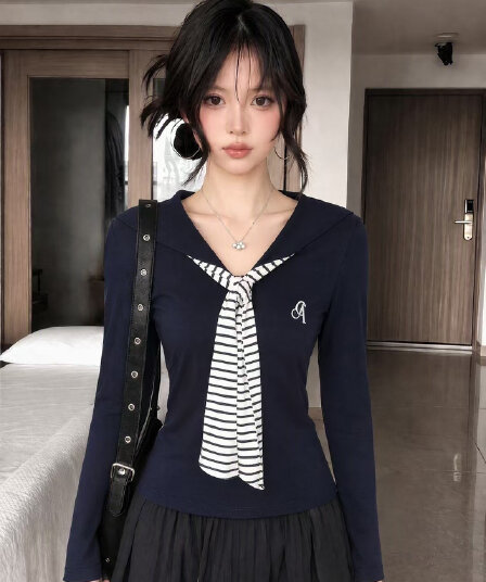 원본 원단 사람들 면 와 사고 방식 삽입 색상 눈꽃 면 가로 줄무늬 해군 칼라 스트라이프 기본 셔츠