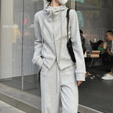 批发休闲运动套装女2026新款秋季慵懒风宽松连帽灰色卫衣阔腿裤