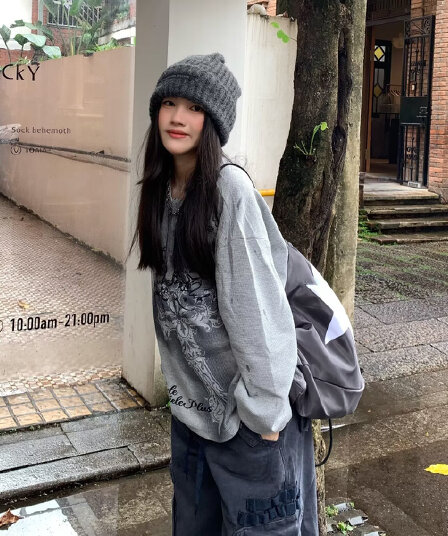 아메리칸 레트로 토템 프린트 알파벳 자수 맞춤 헨리 칼라 긴팔 티셔츠 후아 남편 그리드 기본 셔츠 남녀