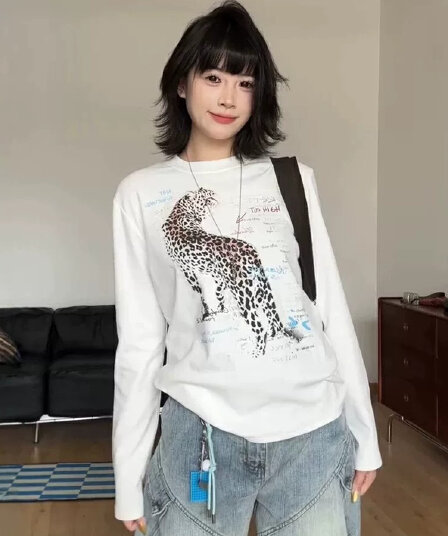 21 순면 이후 패키지 칼라 프린트 긴팔 티셔츠 여성 루즈핏 라운드 넥 맨위