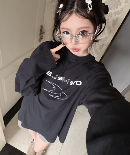 높은 품질 순면 200그램 21 빗질하다 정밀 프린트 가을 루즈핏 긴팔 티셔츠 여성