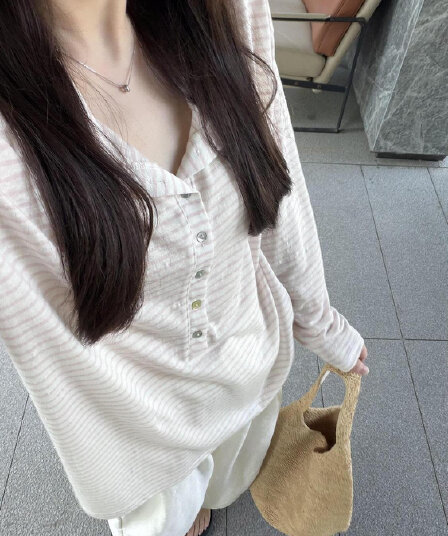 스트라이프 헨리 칼라 한 부서 캠퍼스 바람 긴팔 티셔츠 여성 ins 슈퍼 화재 루즈핏 슬림해 보이는 맨위