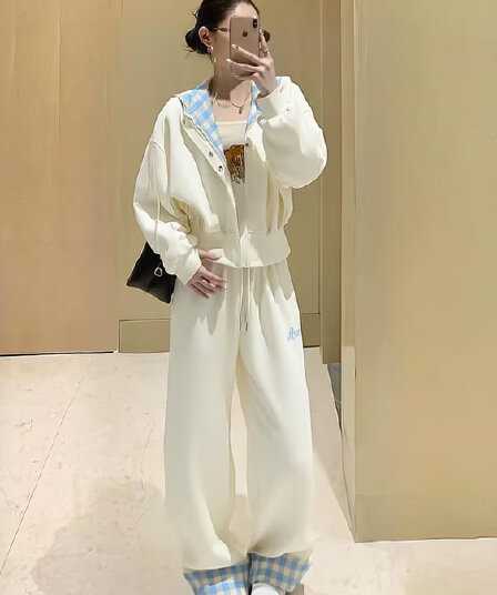 모방 면 사선 무늬 당겨 프레임 250그램 봄 가을 후드 티 스웨터 긴 바지 캐주얼 스포츠 슈트 여성