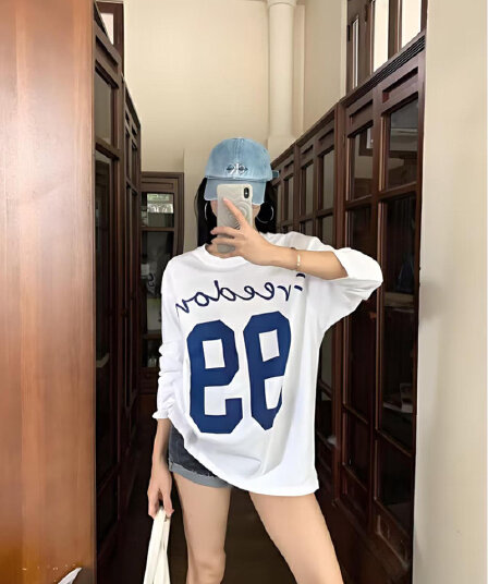 순면 210 그램 빗질하다 정밀 프린트 가을 루즈핏 긴팔 티셔츠 여성