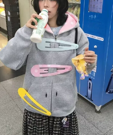 2026 가을 겨울 국가 트렌디 아메리칸 재미있는 디자인 대 헤어 클립 후드티 오픈 가디건 느긋한 다용도 지퍼 모자 셔츠 재킷