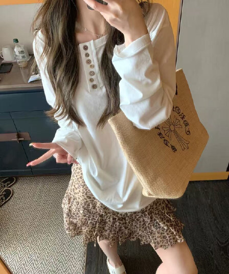 헨리 칼라 화이트 긴팔 티셔츠 여성 불규칙 버튼 기본 셔츠