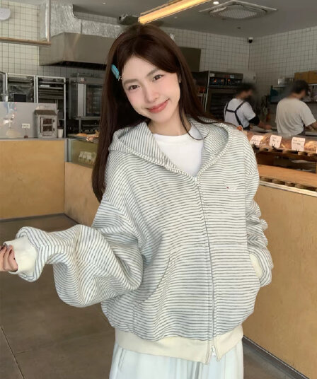 후아 면 복합 슈퍼 부드러운 레트로 스트라이프 오픈 가디건 털이 있는 후드 티 스웨터 여성 가을 겨울 새로운