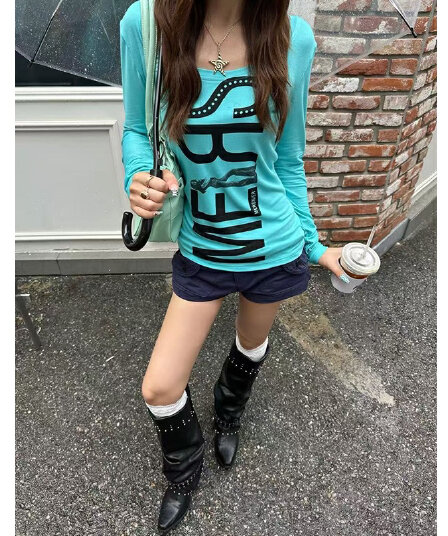 원본 품질 40 1 192 면 8 암모니아 Lun 빛 아시아 인 y2k 작은 대중 가을 알파벳 프린트 긴 소매 티셔츠