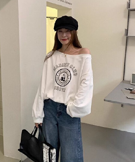 아메리칸 레트로 비스듬한 어깨 후드티 여성 가을 겨울 프린트 맨위