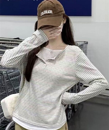 원본 광저우 원단 원본 솜씨 한 부서 헨리 칼라 페이크 레이어드 스트라이프 긴팔 맨위