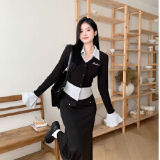 批发【原版做法 <b class='q'>莫代尔</b>人棉260克】辣妹撞色假两件上衣女秋显瘦