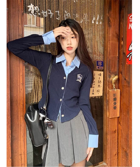 원본 원단 페이크 레이어드 POLO 칼라 여성 셔츠 가을 학원 스타일 몸매 가꾸기 쇼트 스타일 스택 착용 오픈 가디건 맨위