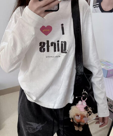 높은 품질 순면 200그램 21 빗질하다 정밀 프린트 가을 루즈핏 긴팔 티셔츠 여성