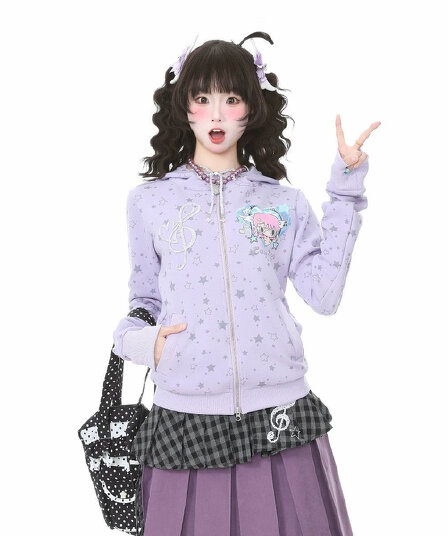 레트로 y2k 이문화 만화 소녀 프린트 전체 인쇄 별 후드 티 스웨터 여성 봄 가을 오픈 가디건 지퍼 재킷