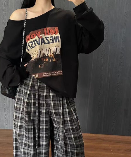 아메리칸 레트로 비스듬한 어깨 후드티 여성 가을 겨울 프린트 맨위