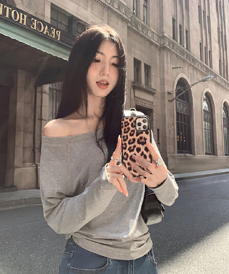 210 그램 92 면 8 암모니아 Lun 단색 다용도 비스듬한 어깨 의류 여성 긴 소매 느긋한 바람 둘 착용 오프숄더 티셔츠