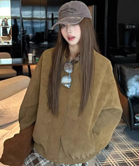 원본 것 아메리칸 레트로 스웨이드 원단 폴로 칼라 캐주얼 재킷 맨위 아름다움 라드. 루즈핏 브라운 재킷