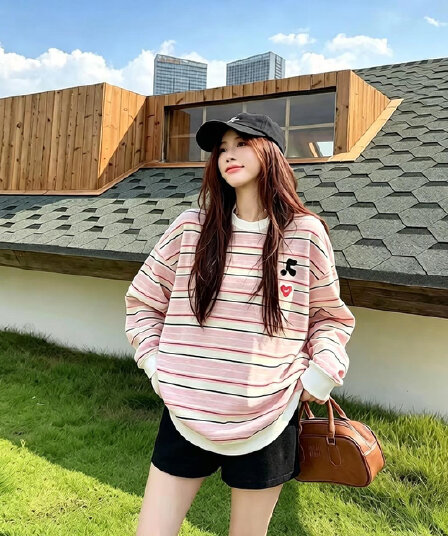 한 스타일 레트로 하트 스트라이프 긴팔 티셔츠 여성 봄 가을 루즈핏 얇은 스타일 느긋한 맨위 티셔츠 여성