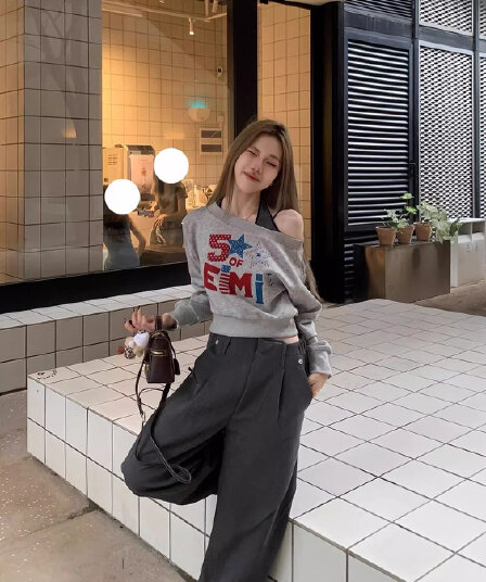모방 Mianhua 면 복합 우유 실크 310 크 가을 아메리칸 레트로 프린트 섹션 오프숄더 긴팔 후드티
