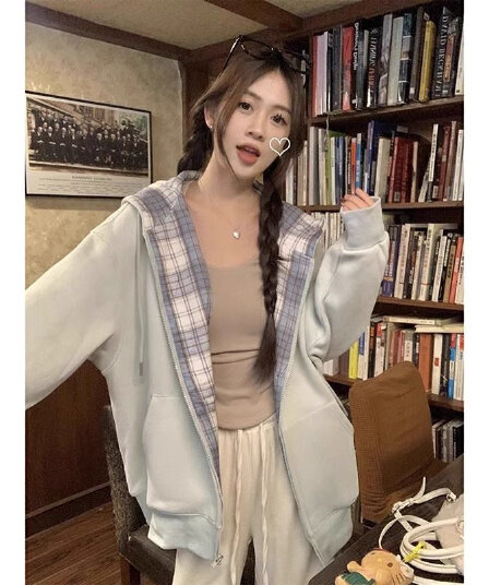 후아 면 복잡한 우유 실크 은 여우 플러시 블루 체크무늬 후드 티 스웨터 루즈핏 재킷