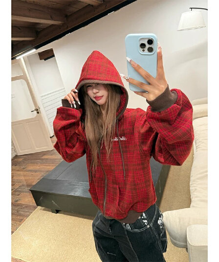 아메리칸 레트로 알파벳 체크무늬 자수 후드 오픈 가디건 후드티 남녀 가을 겨울 거리 캐주얼 다용도 재킷 맨위