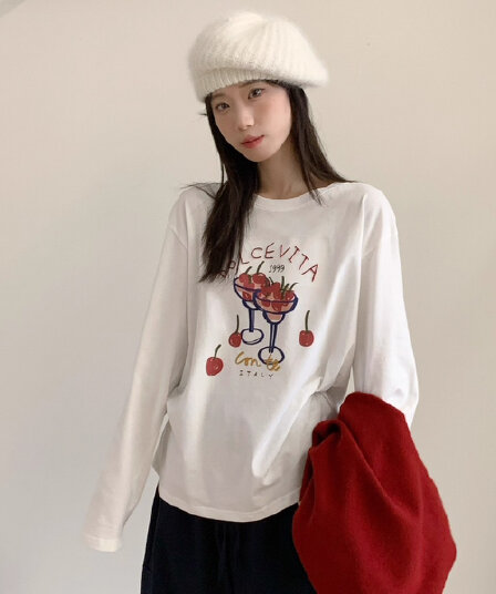21 순면 210 그램 면 가을 의상 긴팔 티셔츠 여성 루즈핏 프린트 맨위