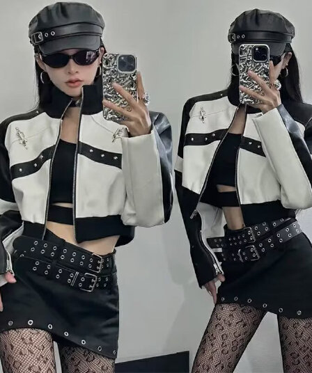 아메리칸 레트로 패치워크 배색 오토바이 가죽 재킷 여성 코트 새로운 흑인과 백인 패치워크 색상 쇼트 스타일 pu 가죽 자켓 맨위
