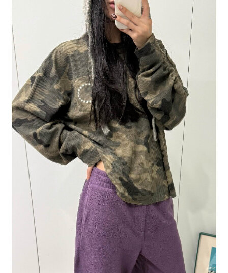 카모플라주 후아 남편 그리드 자수 긴팔 티셔츠