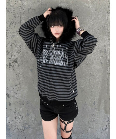 사이러스 전주곡 음악 해독제 블랙 회색 스트라이프 모피 칼라 오픈 가디건 후드 티 스웨터 남녀 가을 겨울철 새로운 재킷