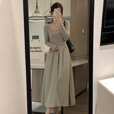 批发法式赫本风长袖方领打底<b class='q'>连衣裙</b>女秋季2026新款高级感气质长裙