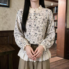 批发法式假两件蕾丝拼接碎花衬衫女秋季新款气质宽松减龄百搭长袖衬衣