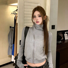 批发高街美式斜拉链设计风格卫衣女2026秋冬慵懒百搭显瘦长袖立领外套