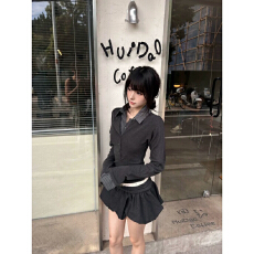 批发原版品质高智感条纹拼接假两件<b class='q'>T</b><b class='q'>恤</b><b class='q'>衬衫</b>领收腰显瘦长袖上衣