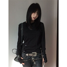 批发假两件长袖y2k亚文化T恤女秋季新款<b class='q'>街头</b>风黑色印花百搭显瘦上衣潮