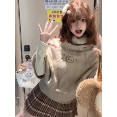 批发萌系麻花针织套头斗篷毛衣宽松加厚高领设计感减龄<b class='q'>中袖</b>上衣