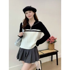 批发流行秋冬季新款 美式复古半开拉链撞色立领毛衣修身设计感外套