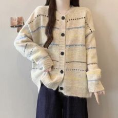批发韩系<b class='q'>复古</b>撞色条纹针织开衫女秋冬宽松慵懒高级感毛衣外套