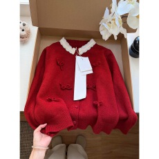 批发韩系复古红色新年蝴蝶结<b class='q'>蕾丝</b>毛衣外套女春秋冬小香风长袖针织开衫