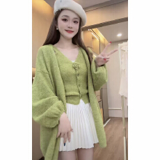 批发韩系温柔风针织麻花吊带短裙开衫两件套装女早秋懒人穿搭毛衣外套