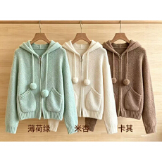 批发毛球连帽拉链<b class='q'>开衫</b><b class='q'>女</b> 软糯毛绒感短款口袋针织外套甜美减龄上衣