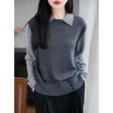 批发高级感假两件条纹<b class='q'>衬衫</b>拼接毛衣女装秋冬季2026新款上衣针织打底衫