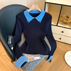 批发实拍宝蓝色Polo领拼接撞色长袖针织衫女秋冬季内搭打底衫修身上衣