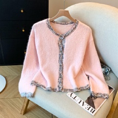 批发实拍小香风拼接撞色<b class='q'>马海毛</b>针织<b class='q'>开衫</b>女秋冬新款气质慵懒风软糯毛衣