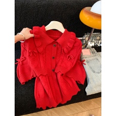 批发实拍假两件<b class='q'>甜美</b>风百搭针织开衫女新款披肩设计感宽松翻领毛衣冬