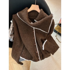 实拍复古咖色围巾领撞色毛衣女2025秋冬季新款单排扣针织短上衣